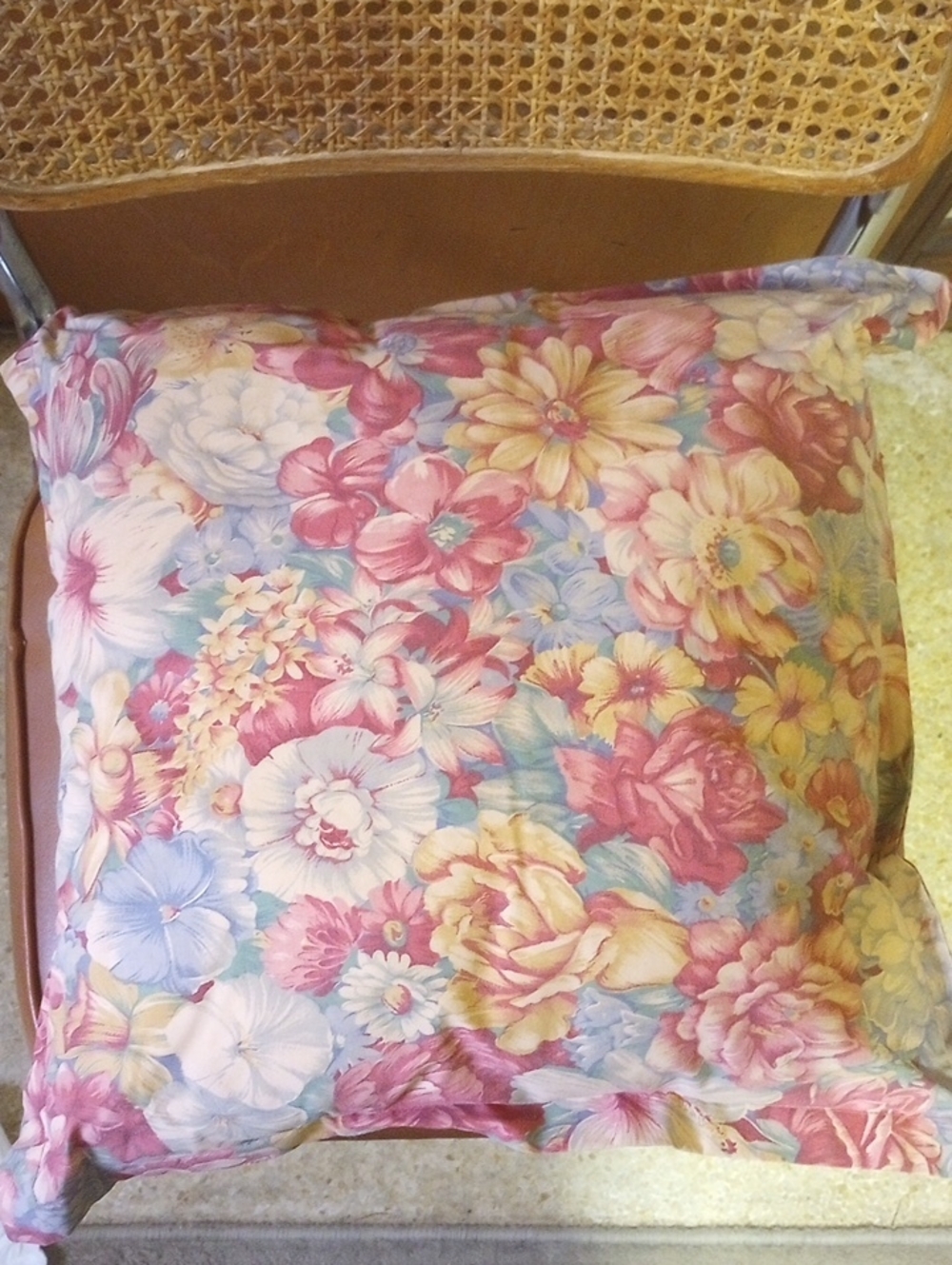 Colorful Floral Square Vintage Toss Pillow. Pink Blue Green Gold Gray